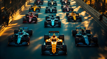 Aerial view of racing cars in a competitive lineup on a track.