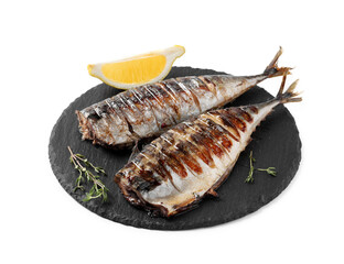 Delicious grilled mackerel, thyme and lemon isolated on white