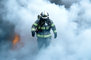 A firefighter emerging from the dense smoke of a burning building, carrying an oxygen-depleted colleague to safety