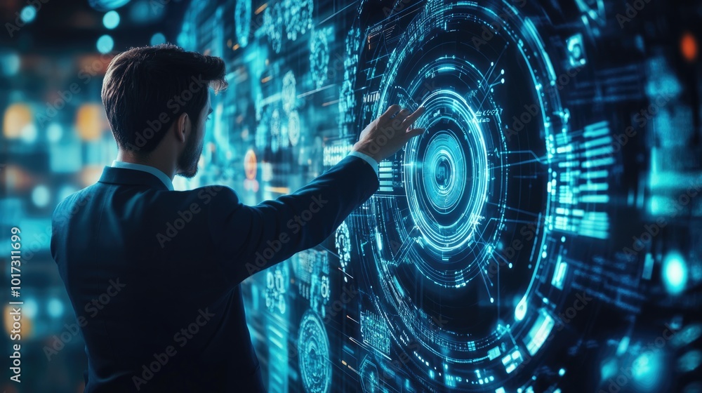 Poster a crop-view of a businessman touching a futuristic digital interface, surrounded by a virtual backgr