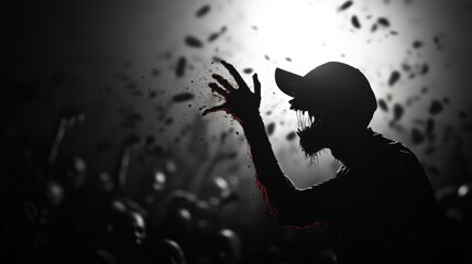 Dynamic silhouette of a performer engaging with an enthusiastic crowd.