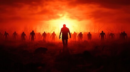 Eerie scene of shadowy figures against a dramatic red sunset.