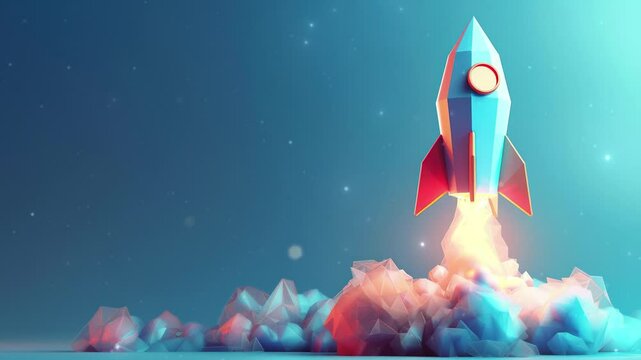 Abstract launch rocket on technology, low poly, wireframe on  blue background. 