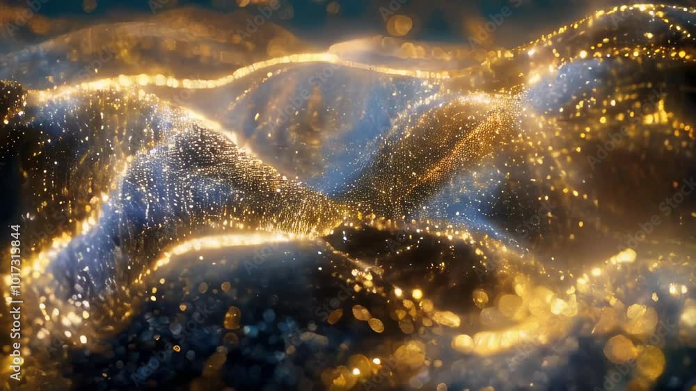 Poster abstract golden particles waving on a black background in a dynamic, flowing motion.
