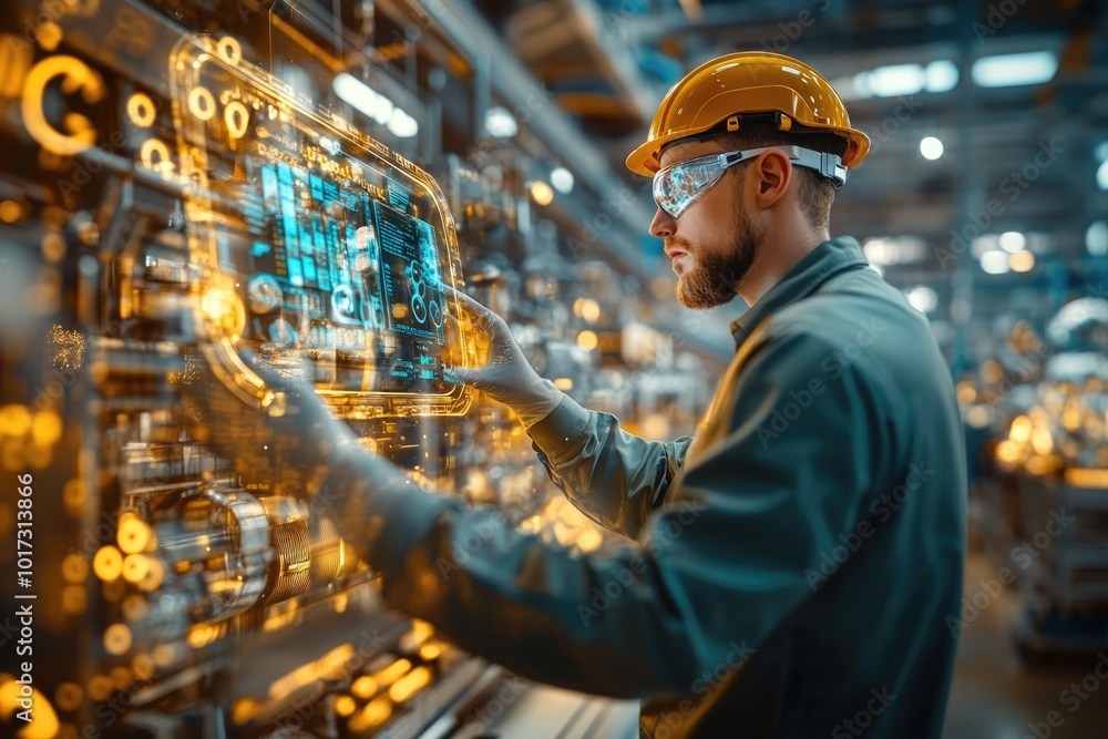 Poster very realistic and photographic photo of an engineer focused on a holographic display filled with co