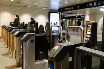 subway station, Town Hall Station in Sydney, New South Wales, Australia. The gates are part of the...