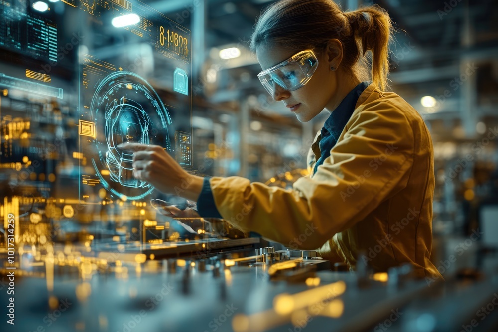 Poster very realistic and photographic photo of an engineer working with high-tech holographic interfaces i