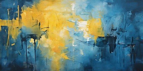 Fototapeta premium A painting of a blue sky with yellow streaks and splatters