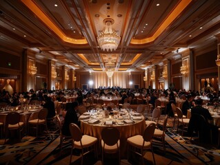 Grand banquet hall with elegant chandeliers and numerous set dinner tables, ready for a formal event.