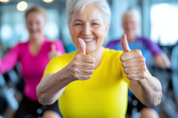 elderly friends giving thumbs-up while doing a group cycling session in a fitness studio