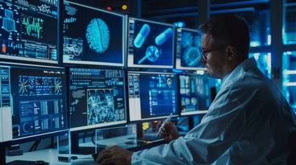 Obraz premium Data science and big data technology. Scientist computing, analysing and visualizing complex data set on computer. Data mining, artificial intelligence, machine learning, business analytics.