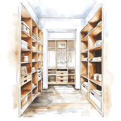 Obraz premium Watercolor illustration of a walk-in closet with shelves and drawers.