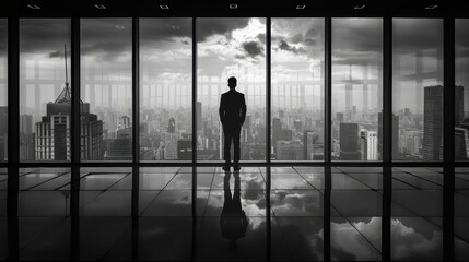 Silhouette of a man looking at cityscape from a high-rise office window, reflecting on polished floor.