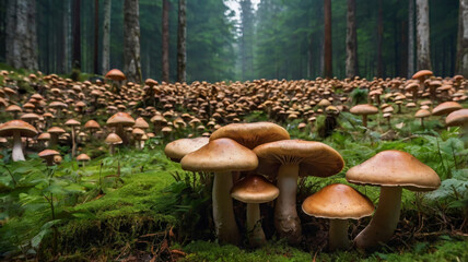 A vast field of mushrooms, their large brown caps glistening under the sunlight, stretches out towards a distant forest under a clear blue sky.