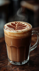 Hot chocolate with a leaf foam design and a sprinkle of cocoa powder