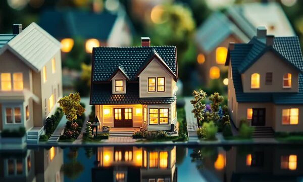 A miniature house with lights on in a model town at night.