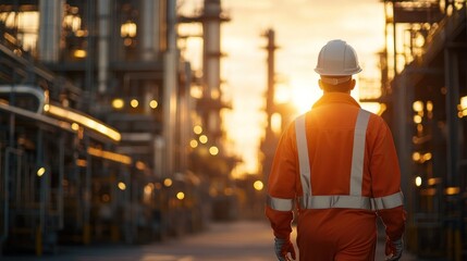 Industrial Worker at a Refinery Plant During Sunset
