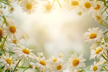 Fototapeta premium Green grass with white daisies in the garden, top view