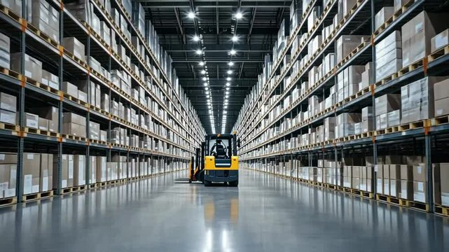 A spacious warehouse interior filled with neatly stacked boxes on shelves, showcasing an organized storage space.