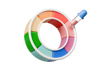 3d Dropper tool color palette guide with color wheel icon on isolated background. Painter tool art design concept. Minimal Swatch tool suck colors pick designer tool use in design program. 3d render.