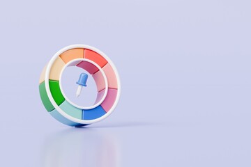 3d Dropper tool color palette guide with color wheel icon on isolated background. Painter tool art design concept. Minimal Swatch tool suck colors pick designer tool use in design program. 3d render.