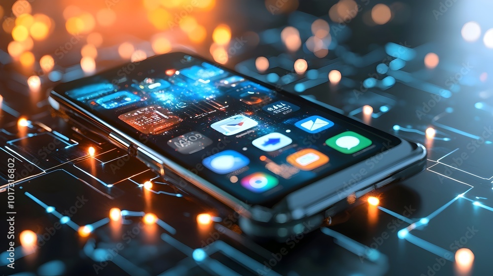 Poster foldable smartphone with a screen displaying futuristic 3d graphics showcasing the innovation and ad