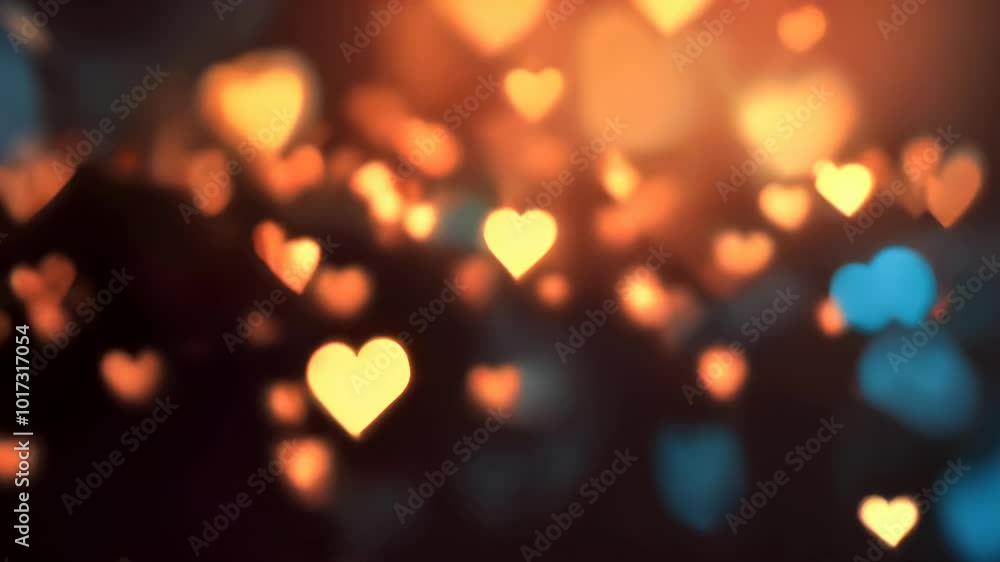 Poster a beautiful display of glowing orange heart shapes against a dark background, creating a warm and ro