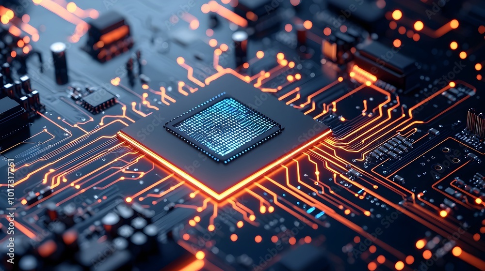Poster cutting edge quantum computing chip with glowing circuits in a sleek futuristic environment showcasi