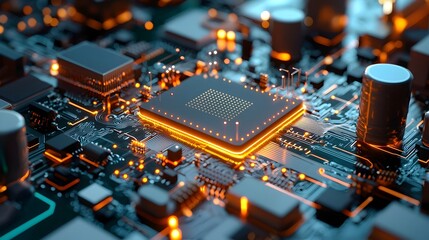 Obraz premium Sleek and futuristic side view of a quantum computing chip with glowing intricate circuits illustrating cutting edge computation technology and an advanced complementary color scheme