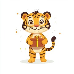Cute tiger holding a gift box isolated over white background.