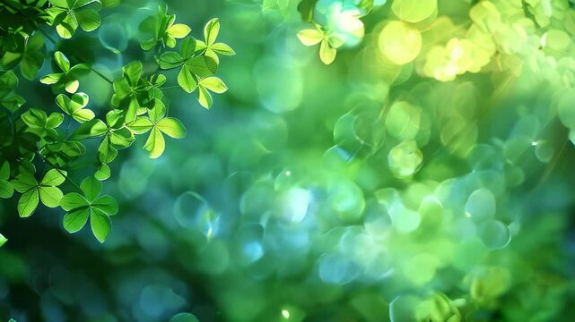 Green clover leaves with a vibrant bokeh background, creating a fresh and serene nature scene.