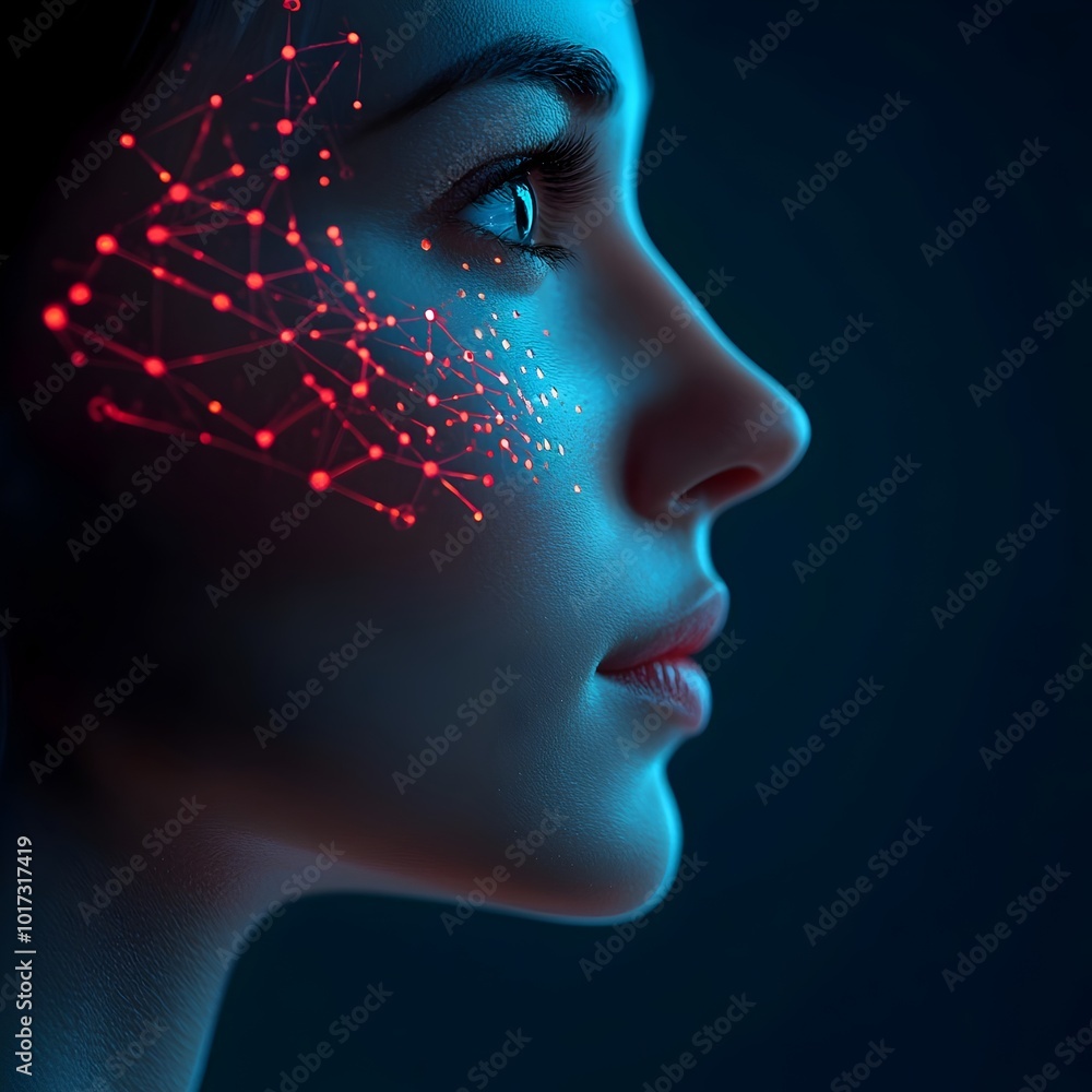 Poster closeup of a futuristic intelligence face with a glowing neural network