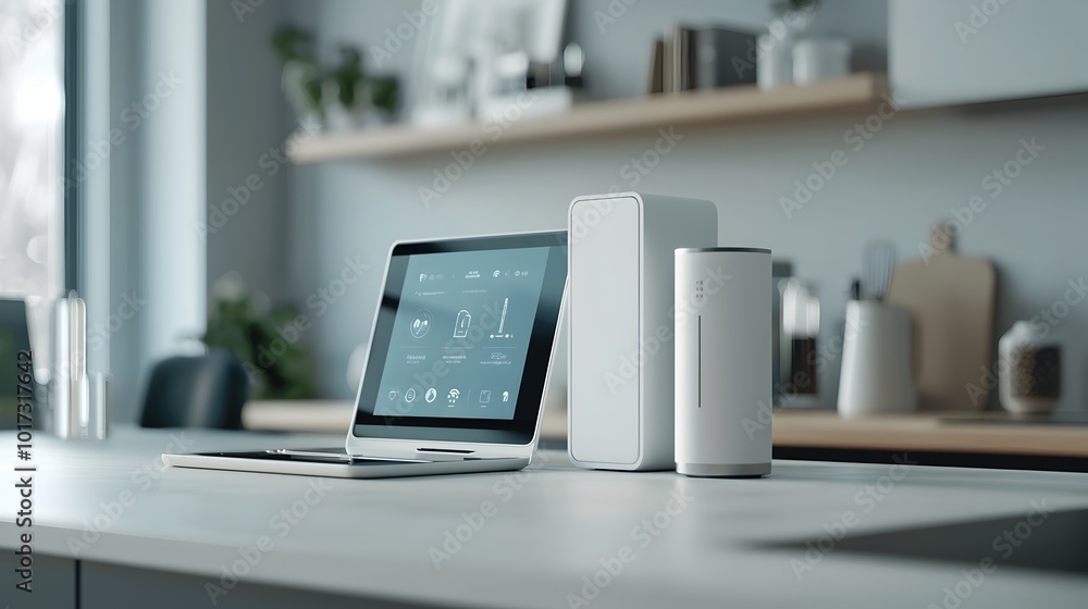Poster innovative smart home system with connected iot devices highlighting advanced home automation and th