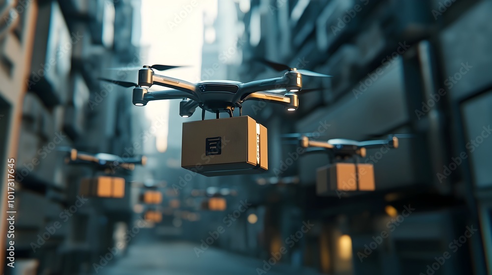 Poster futuristic smart city concept showcasing flying drones delivering packages for urban logistics and e