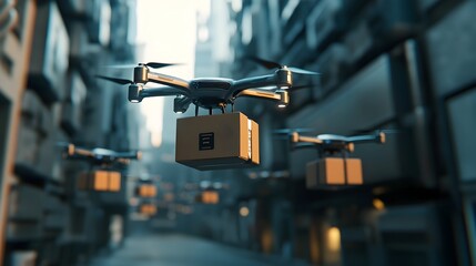 Futuristic smart city concept showcasing flying drones delivering packages for urban logistics and efficient last mile distribution  Cybernetic tone with a split complementary color scheme