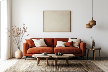 Stylish and inviting living room featuring a cozy sofa and modern decorative elements, 3d rendering. 3D Illustration