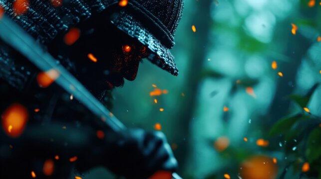 Samurai warrior in traditional armor, surrounded by glowing embers, intense atmosphere. - Powered by Adobe