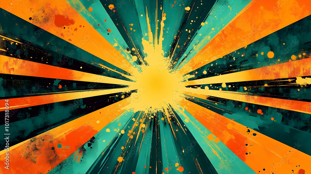 Poster bright abstract design with radiating lines and splashes of color.