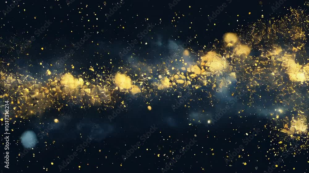 Poster a stunning array of golden glitter particles sparkles against a deep dark backdrop, evoking a sense 