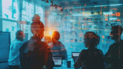 Team collaboration in modern office with digital interface overlays, fostering innovation and productivity.