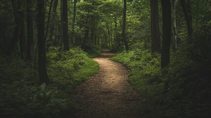 Naklejka premium A winding path through a dense, verdant forest