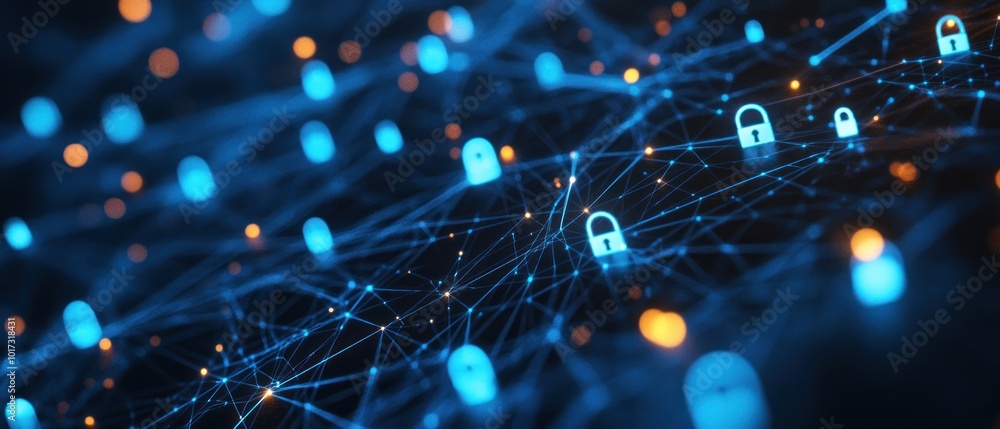 Poster digital network security illustration with glowing blue nodes and padlocks representing secure conne