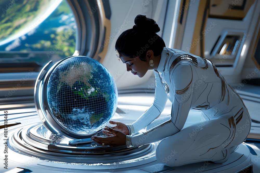 Poster futuristic scene of a woman performing karva chauth rituals on a space station, looking at the earth