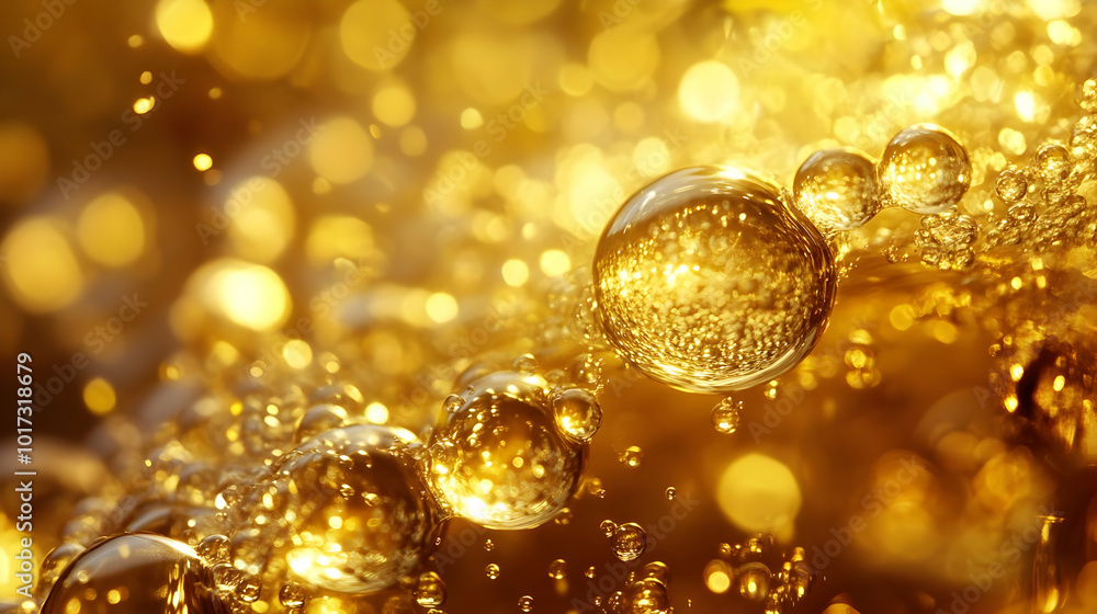 Poster bubbles in a golden liquid, creating a shimmering effect.