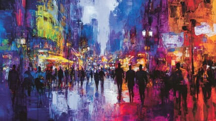 A Vibrant Abstract Oil Painting Depicting a Nighttime City Street Scene with Silhouetted Figures