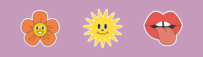 Playful Retro Stickers with Lips, Smiley Flowers, and Fun Designs

