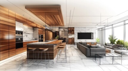 Architectural sketch of a modern wooden kitchen and living room area.