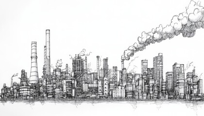 Obraz premium Hand-drawn illustration of an industrial cityscape with smokestacks emitting pollution.