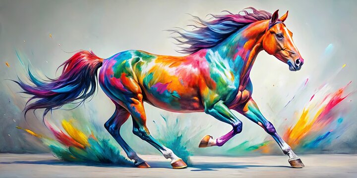 A vibrant equine form, a symphony of colors, explodes in motion, capturing the essence of unrestrained freedom.
