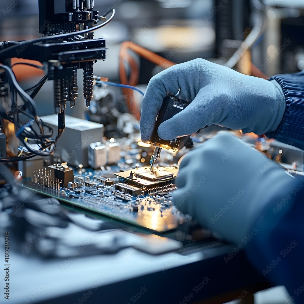 Poster detailed close up view of an engineer s hands meticulously assembling intricate electronic component
